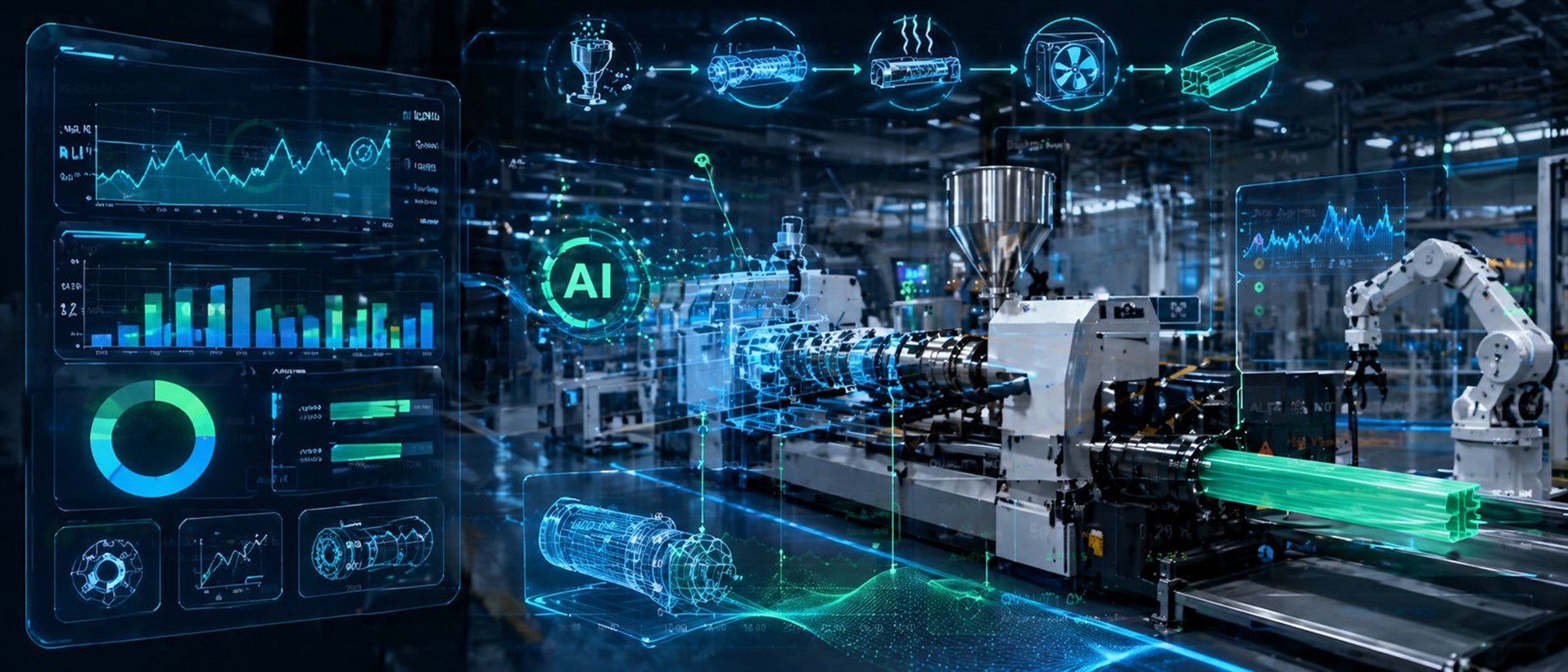 Digital dashboard showing real-time AI-powered analytics and predictive maintenance for plastic extrusion machinery in 2027 Digital dashboard showing real-time AI-powered analytics and predictive maintenance for plastic extrusion machinery in 2027
